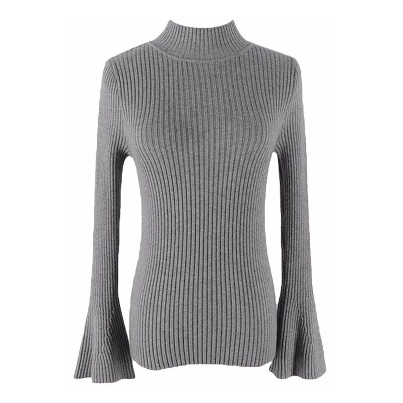 

Moda Invierno Mujer Sueter de punto acanalado Mangas acampanadas Cuello alto Jersey de punto Prendas de punto,Gris