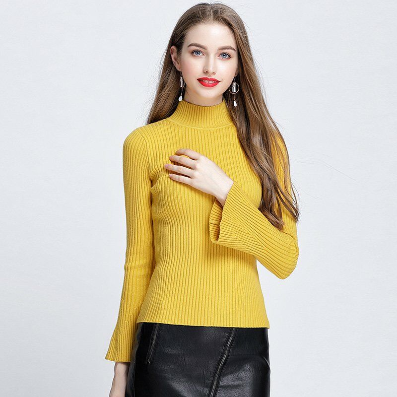 

Moda Invierno Mujer Sueter de punto acanalado Mangas acampanadas Cuello alto Jersey de punto Prendas de punto,amarillo