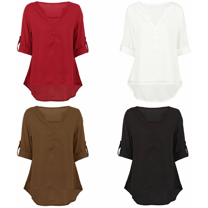 

Moda mujer blusa de gasa informal con cuello en V boton de manga larga asimetrico solido camisa delgada Tops,Negro, XL