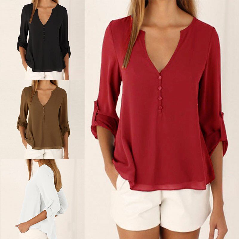

Moda mujer blusa de gasa informal con cuello en V boton de manga larga asimetrico solido camisa delgada Tops,Borgona, S