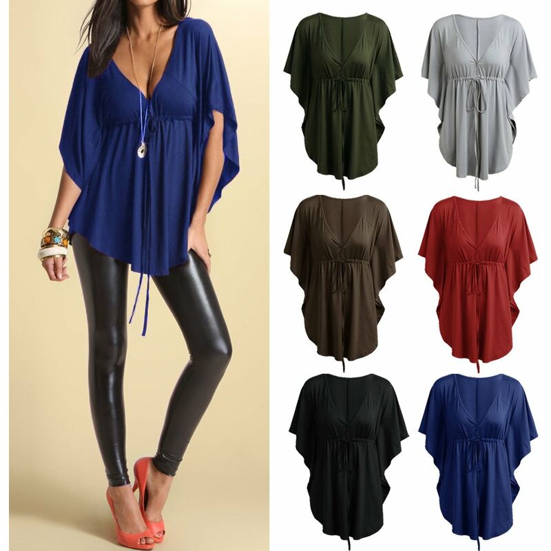 

Moda mujer blusa sexy con cuello en v manga murcielago solido suelto casual camiseta tops,Borgona, S