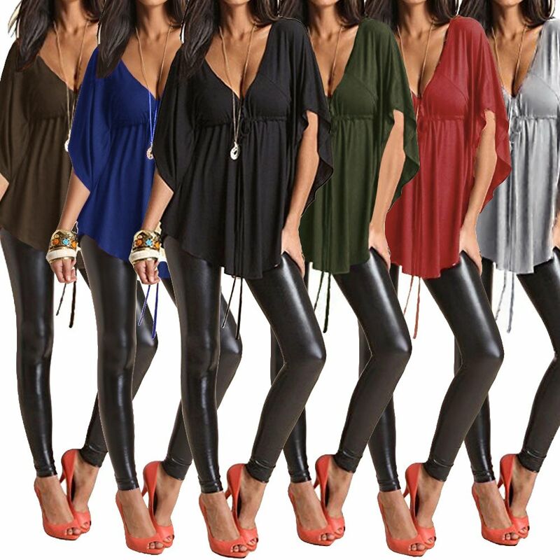 

Moda mujer blusa sexy con cuello en v manga murcielago solido suelto casual camiseta tops,Verde oscuro, XXL