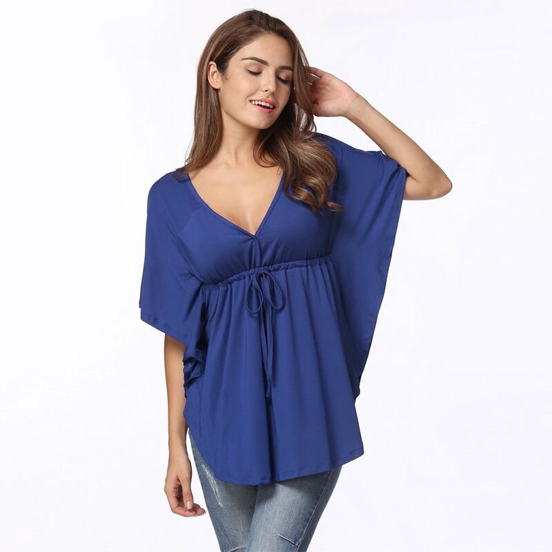 

Moda mujer blusa sexy con cuello en v manga murcielago solido suelto casual camiseta tops,Azul, XL