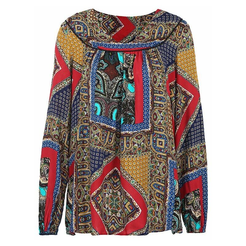 

Moda mujer blusa suelta estampado vintage con cuello en v manga larga casual top pullover,Azul, XXXXXL