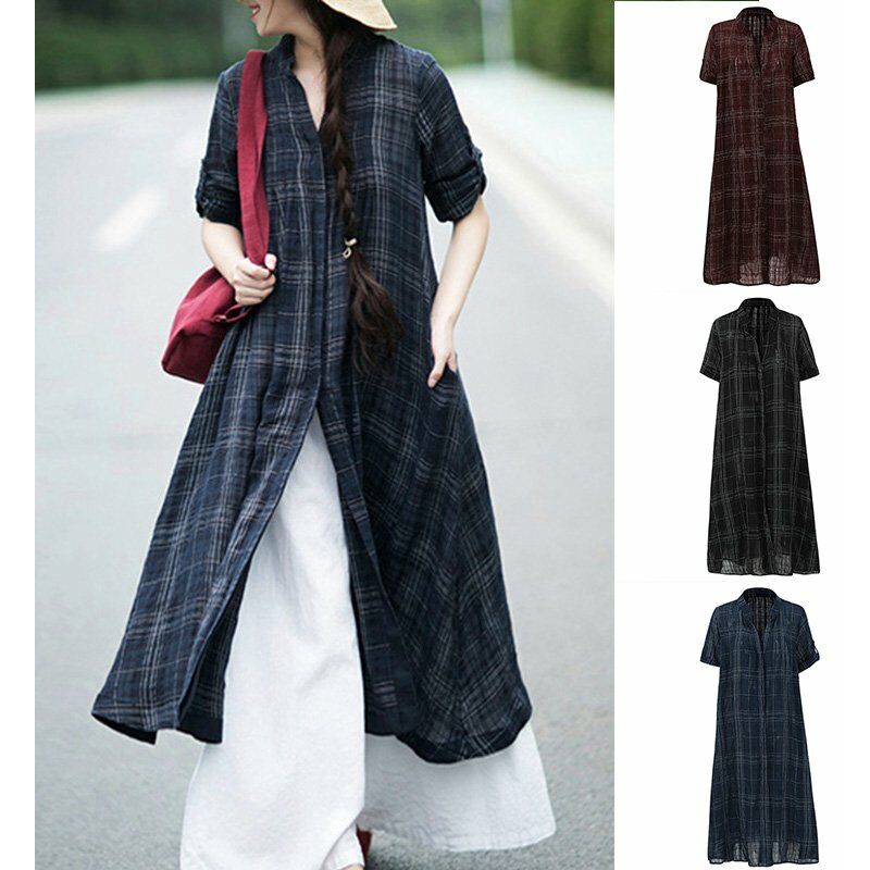 

Moda mujer camisa a cuadros blusa cuello alto boton de manga corta tallas grandes Casual Tops Shirtdress negro / azul oscuro / rojo