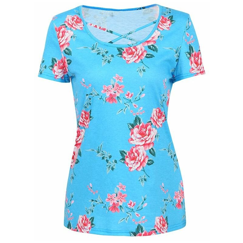 

Moda mujer estampado floral camiseta manga corta correas cruzadas camisetas camisas casuales,Azul, XL