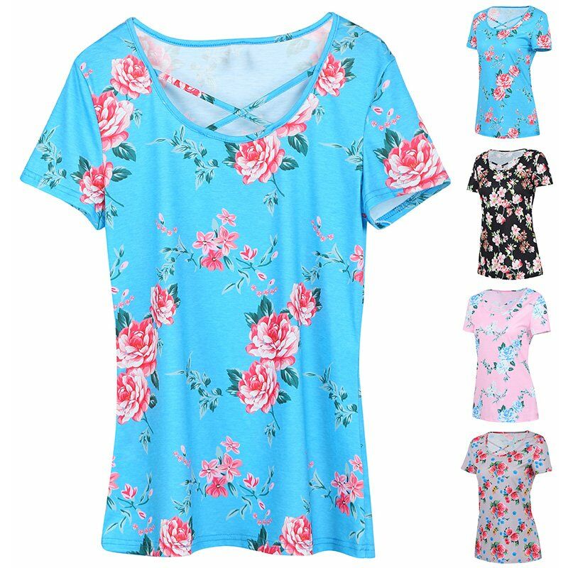 

Moda mujer estampado floral camiseta manga corta correas cruzadas camisetas camisas casuales,Cafe, XXXL