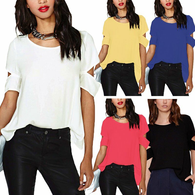 

Moda mujer gasa blusa dividida espalda rasgada recorte manga corta Casual suelta camiseta solida Tops,Amarillo, XL