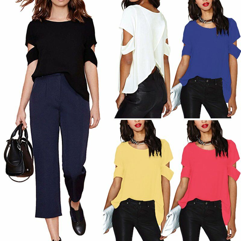 

Moda mujer gasa blusa dividida espalda rasgada recorte manga corta Casual suelta camiseta solida Tops,Azul, L