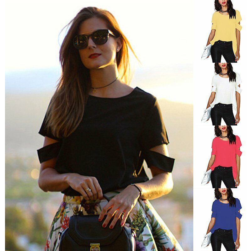 

Moda mujer gasa blusa dividida espalda rasgada recorte manga corta Casual suelta camiseta solida Tops,azul,S