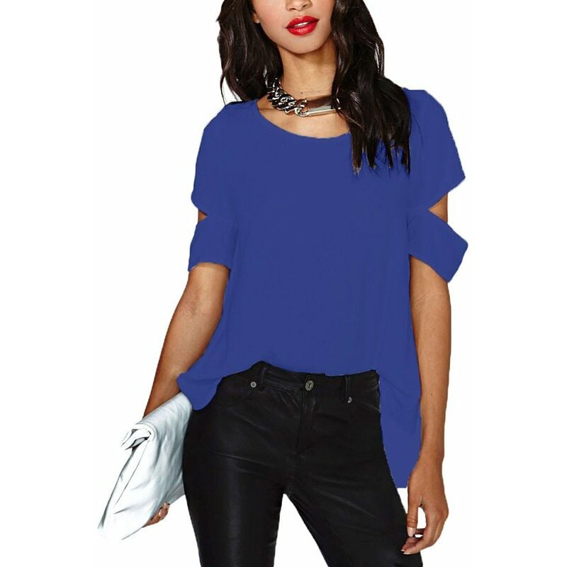 

Moda mujer gasa blusa dividida espalda rasgada recorte manga corta Casual suelta camiseta solida Tops,Azul, XXL