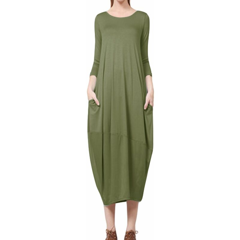

Moda mujer holgado maxi vestido bolsillo lateral cuello redondo manga tres cuartos vestido largo suelto,Verde militar, S