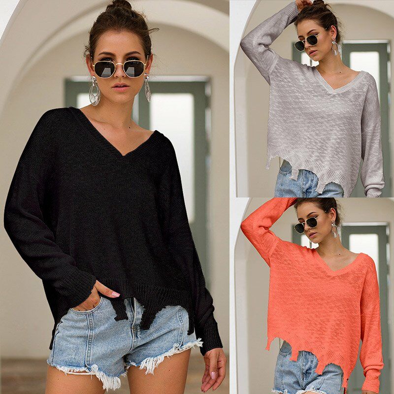 

Moda mujer invierno jersey de punto sueter dobladillo rasgado con cuello en v manga larga solido irregular prendas de punto ocasionales,Naranja, M