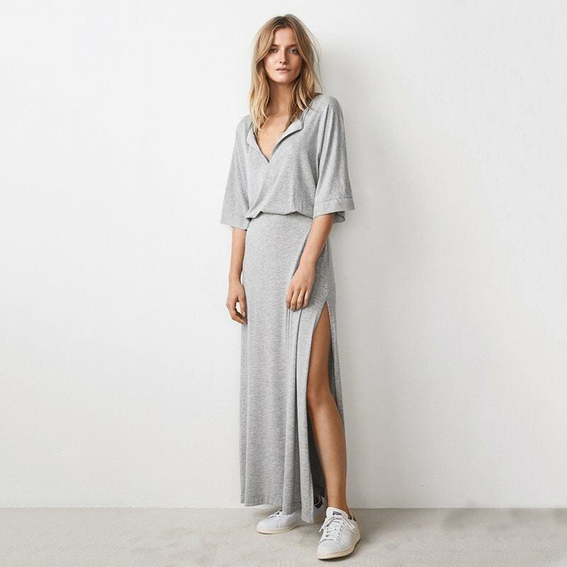 

Moda mujer maxi vestido solido con cuello en v manga 3/4 cintura elastica dividida casual vestido largo suelto gris,Gris, M