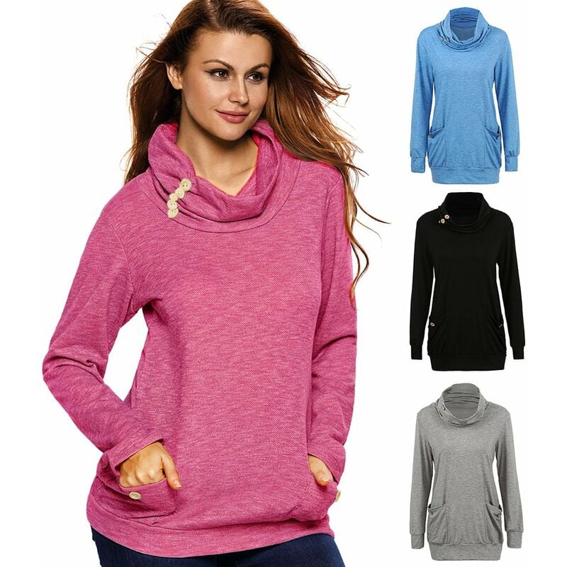 

Moda mujer sudaderas cuello tortuga manga larga bolsillos pulover blusa larga suelta prendas de vestir Tops,Azul, L