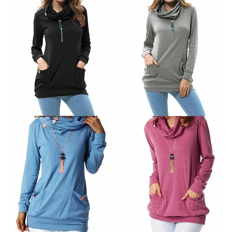 

Moda mujer sudaderas cuello tortuga manga larga bolsillos pulover blusa larga suelta prendas de vestir Tops,Gris oscuro, M