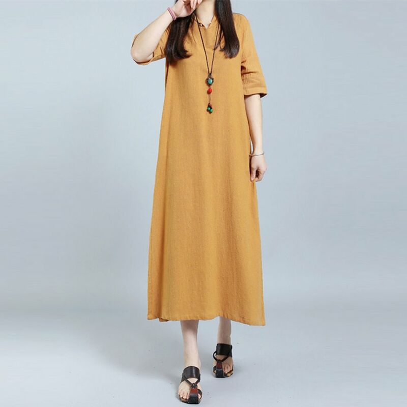 

Moda mujer talla grande Maxi vestido con cuello en V boton de ojo de cerradura media manga con abertura lateral vestido solido suelto,Amarillo, L