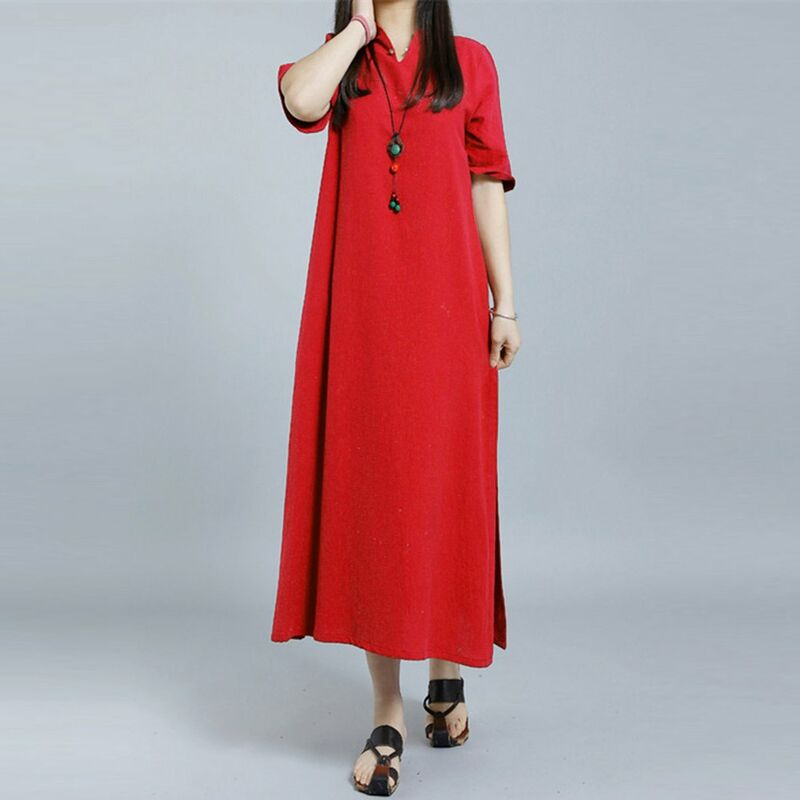 

Moda mujer talla grande Maxi vestido con cuello en V boton de ojo de cerradura media manga con abertura lateral vestido solido suelto,Rojo, L
