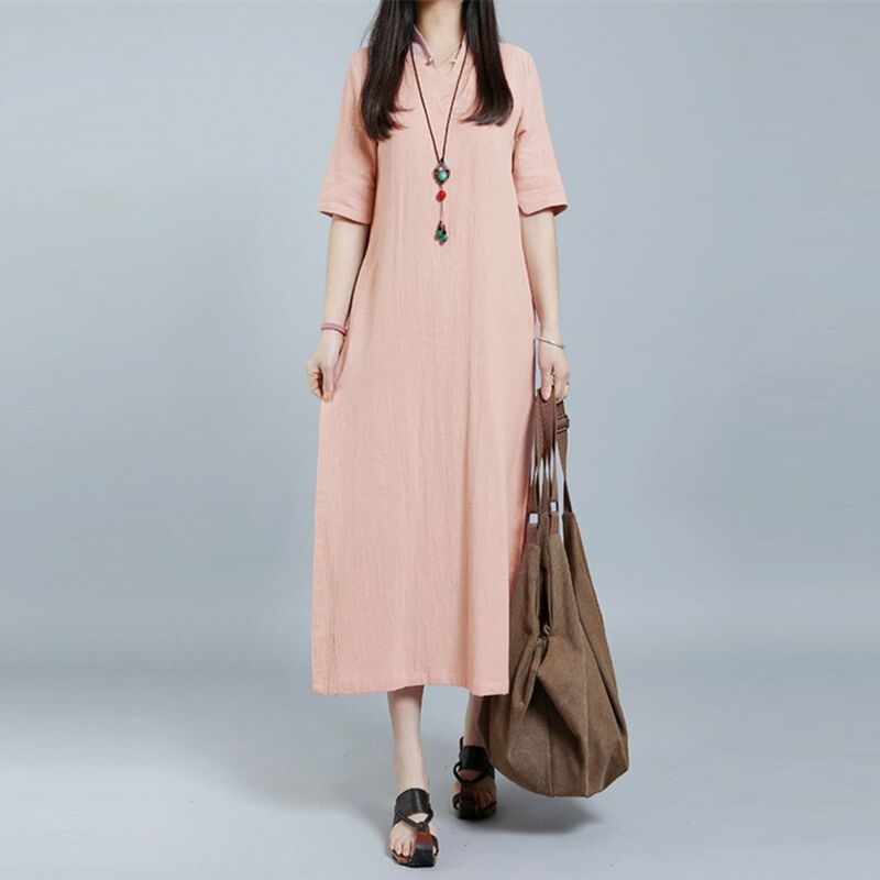

Moda mujer talla grande Maxi vestido con cuello en V boton de ojo de cerradura media manga con abertura lateral vestido solido suelto,Rosa, XXXL