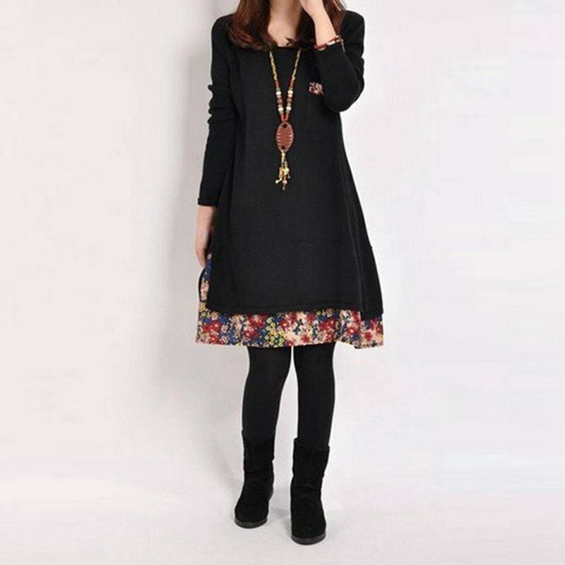 

Moda mujer vestido vintage cuello redondo bolsillo floral dobladillo manga larga casual mini vestido suelto,Negro, XXXL