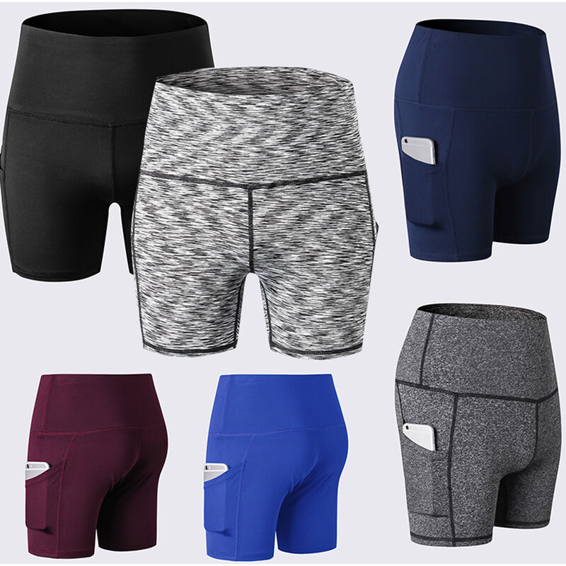 

Moda mujer Yoga Fitness Pantalones cortos deportivos Estirar bolsillos laterales Cintura alta Correr Entrenamiento Entrenamiento Pantalones cortos