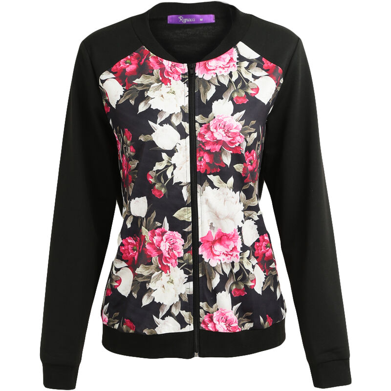 

Moda Otono Invierno Mujer Chaqueta con estampado floral Abrigo con cremallera Chaqueta de bombardero de bolsillo de manga larga Streetwear