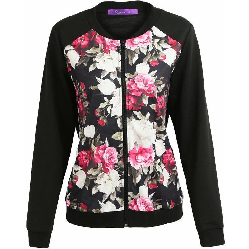 

Moda Otono Invierno Mujer Chaqueta con estampado floral Abrigo con cremallera Chaqueta de bombardero de bolsillo de manga larga Streetwear