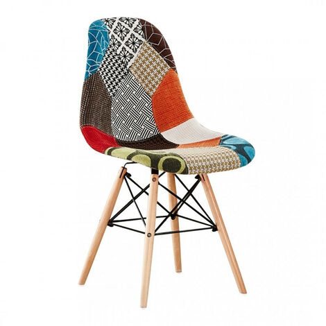 Moda Patchwork Eiffel | Patchwork Dining Chair | Retro Office Chair with Padded Fabric Seat | Vintage Chair | Multi Coloured Linen Fabric