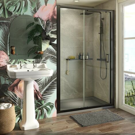 Mode 6mm matt black shower door with grey anti slip shower tray 1000 x 800 - Black