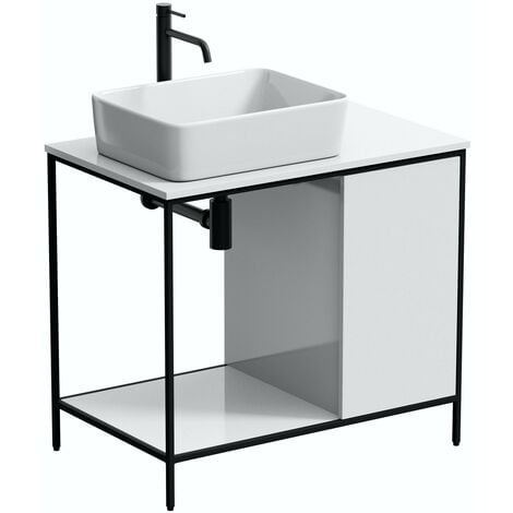Mode Bergne white washstand and black steel frame 812mm with Ellis countertop basin, tap, waste and trap