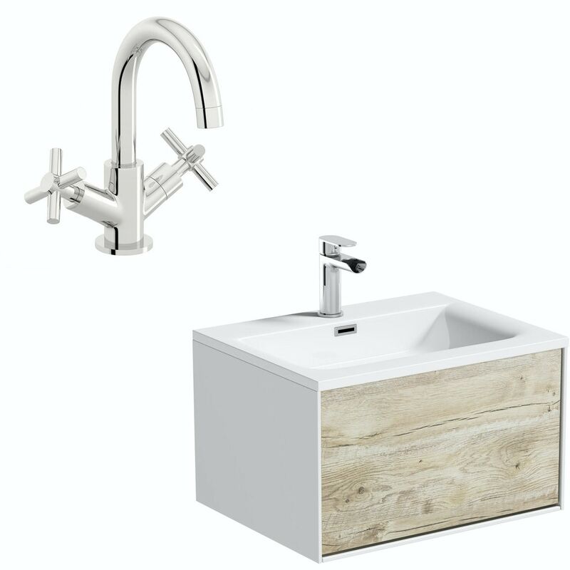 Burton white & rustic oak wall hung vanity unit and basin 600mm with tap - Mode