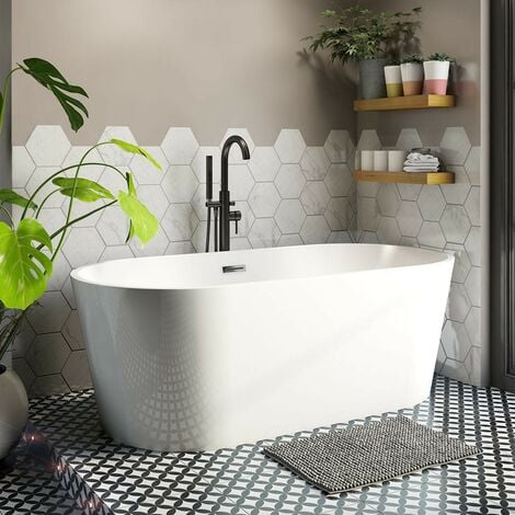 Mode Tate double ended freestanding round bath with matt black freestanding bath tap 1500 x 750 - White