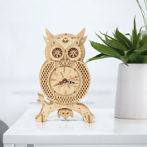 Modèle d&39horloge hibou 3D créative, horloge de bureau Puzzle en bois, mécanique en bois