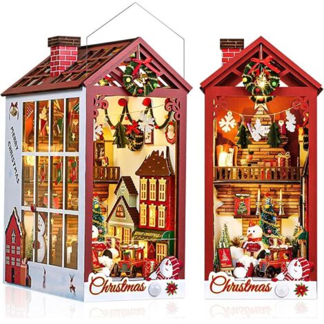 Modèle de maison de décoration de table de cabine bricolage, maison de poupée en bois de noël avec boîte à musique et cache-poussière, kit de petite maison, noël, puzzle en bois 3D, kit de constructio