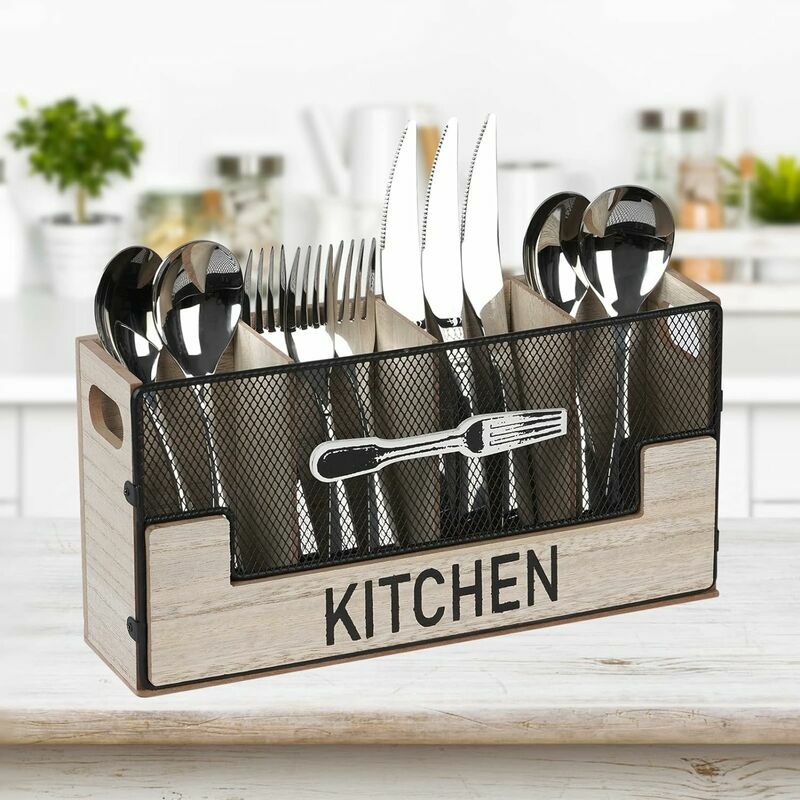 Serbia - Modèle principal a Porte-couverts en bois 4 compartiments, rangement à couverts pour table, rangement décoratif pour couverts, panier à