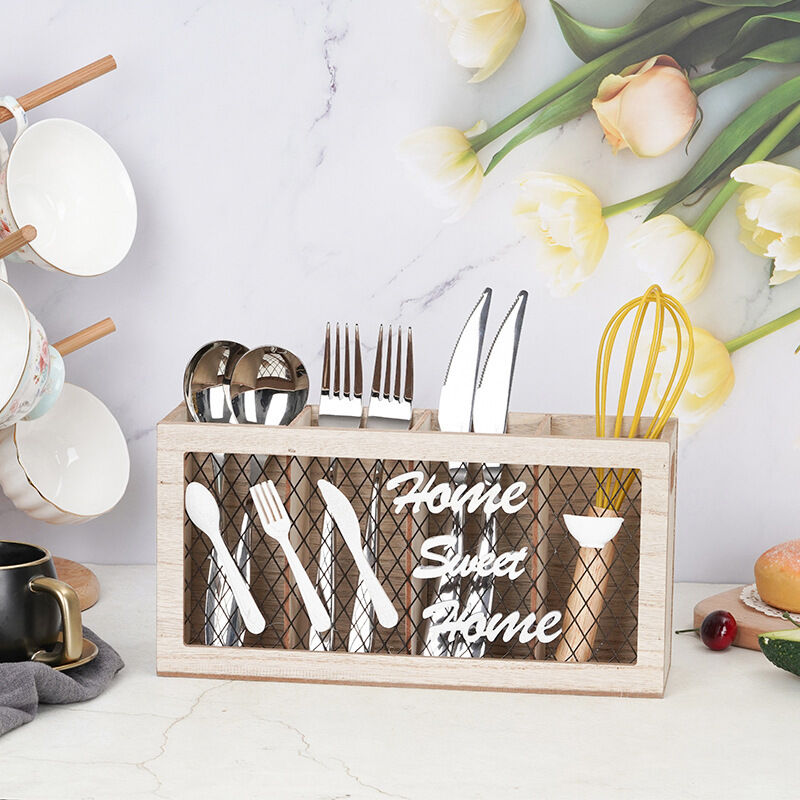 Serbia - Modèle principal c Porte-couverts en bois 4 compartiments, rangement à couverts pour table, rangement décoratif pour couverts, panier à
