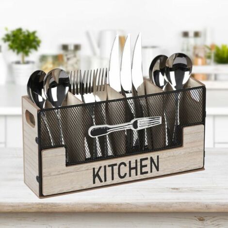 Modèle principal A Porte-couverts en bois 4 compartiments, rangement à couverts pour table, rangement décoratif pour couverts, panier à couverts, porte-ustensiles de cuisine pour fourchettes