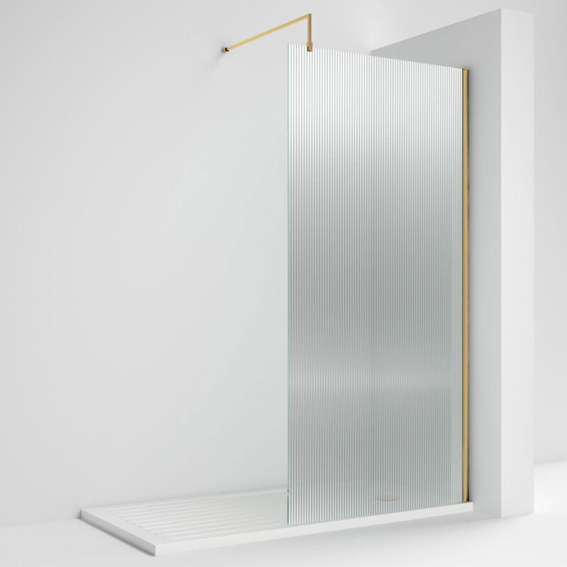 Nuie Fluted Wet Room Screen 1850mm High x 1000mm Wide with Support Bar 8mm Glass - Brushed Brass