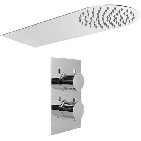 Modern 2-Dial 1-Way Concealed Thermostatic Valve & Ultra Slim Overhead Shower 250mm Set