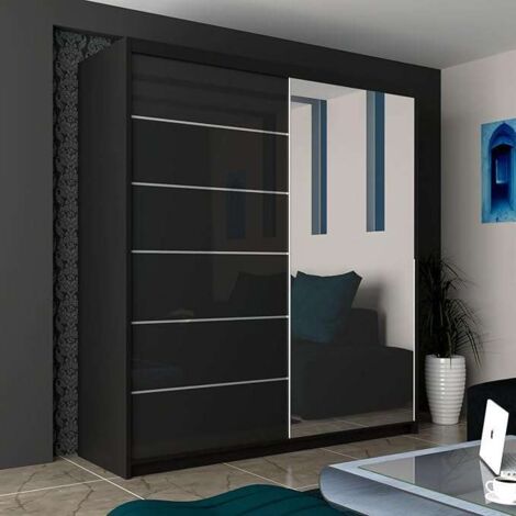 Modern 2-door High Gloss Wardrobe with Shelves, Hanging Rail, and Storage - Black 200cm