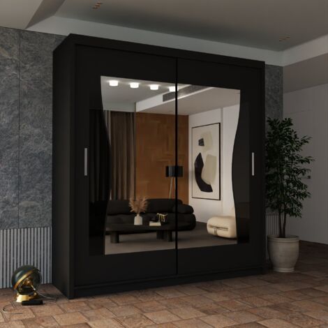 Modern 2 Door Sliding Mirror Wardrobe with Shelves & Hanging Rails - Black120cm