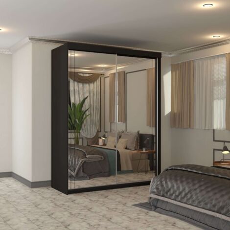Modern 2 Door Sliding Wardrobe with Full Mirror and Shelves - Black 150cm