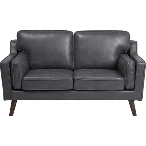 Modern 2 Seater Sofa Upholstered Faux Leather Solid Oak Wood Legs Grey Lokka