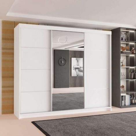 Modern 3 Door Sliding Wardrobe 250cm, Spacious Storage with Shelves & Hanging Rails, Space Saving Bedroom Furniture - White 250cm