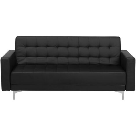 Modern 3 Seater Sofa Bed Black PU Leather Reclining Tufted Aberdeen - Black