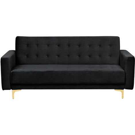 Modern 3 Seater Sofa Bed Black Velvet Reclining Tufted Aberdeen