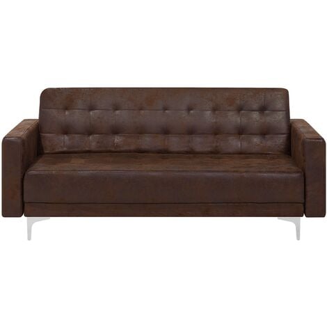Modern 3 Seater Sofa Bed Brown Faux Leather Reclining Tufted Aberdeen - Brown