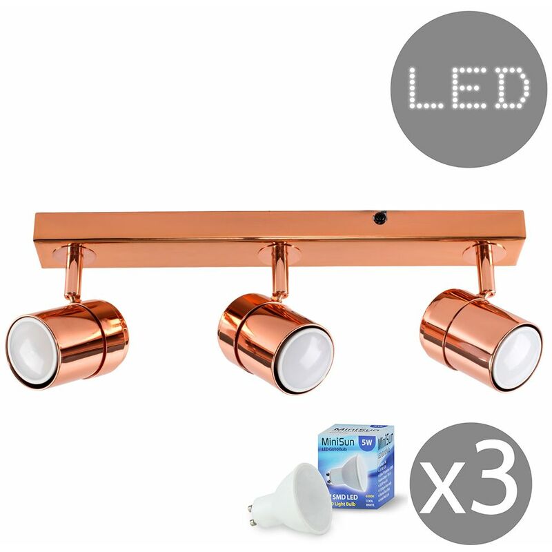 Minisun - Rosie 3 Way Straight Bar Ceiling Spotlight + 5W Cool White GU10 LED Bulbs - Copper