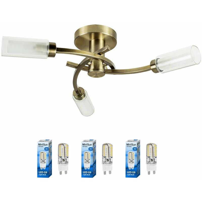 Minisun - 3 Way Spiral Flush Antique Brass Ceiling Light + Clear & Frosted Glass Shades - Add LED Bulbs