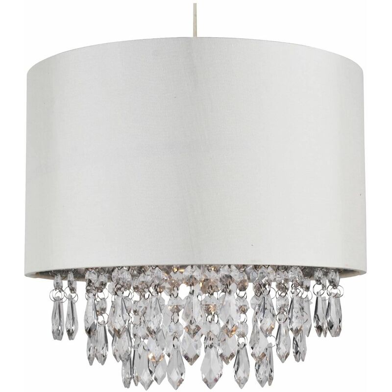 Image of First Choice Lighting - 300mm Cream Faux Silk Easy Fit Shade with Chrome Inner and Clear Droplets - Cream faux silk with clear acrylic detail